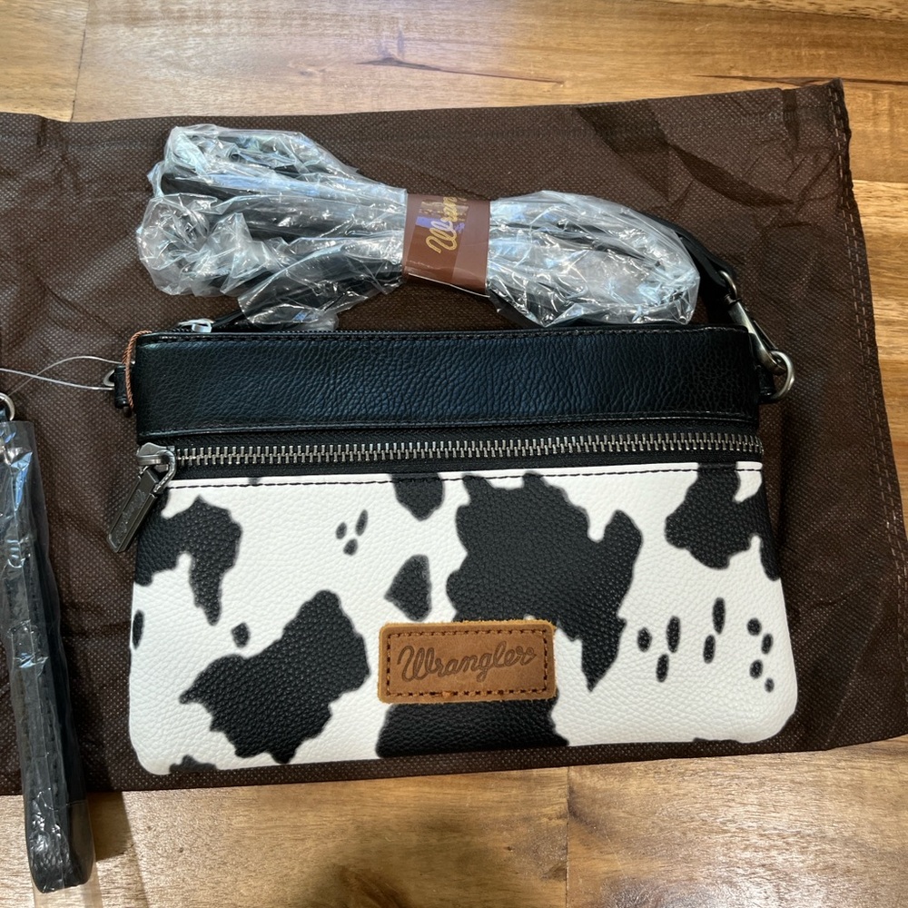Wrangler Black & White Cow Spot Crossbody Wristlet
